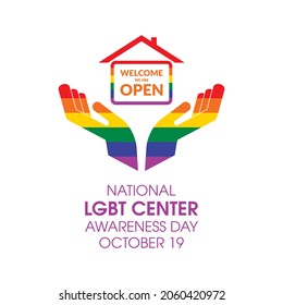 National LGBT Center Awareness Day vector. Abstract human hands with house and LGBT pride flag icon vector. LGBT design element isolated on a white background. Important day