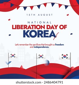 National Liberation day of Korea. 15th August National liberation day of Korea celebration banner with flags of south and north Korea, abstract art design in flags colours. The day recalls the freedom