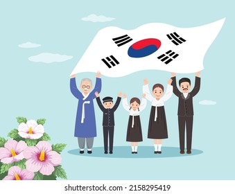 Día de Liberación Nacional de Corea. Gente con atuendo tradicional hanbok celebra ondeando Taegeukgi.