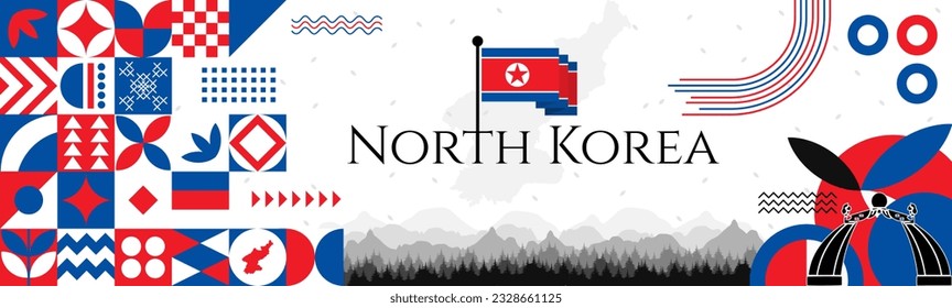 National Liberation Day of North Korea abstract banner design with flag and map. Flag color theme geometric pattern retro modern Illustration design. Blue and Red flag color template.