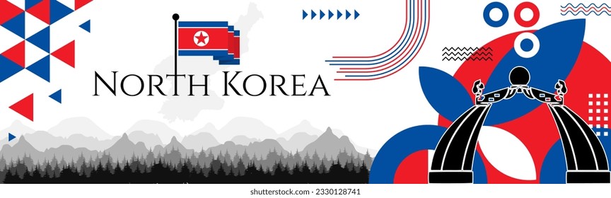 National Liberation Day of North Korea abstract banner design with flag and map. Flag color theme geometric pattern retro modern Illustration design. Blue and Red flag color template.