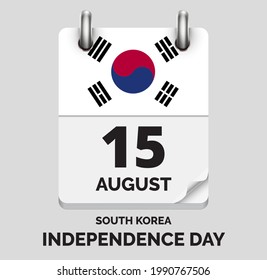 National Liberation Day, South Korea- August 15, days of year, flat realistic calendar icon National Liberation Day vector image with South Korea flag