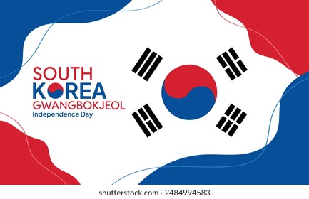 Día de la Liberación Nacional de Corea del Sur. Gwangbokjeol. Ilustración vectorial con símbolo coreano dibujado a mano, adorno y brocha caligrafía saludo. Día de la Independencia.