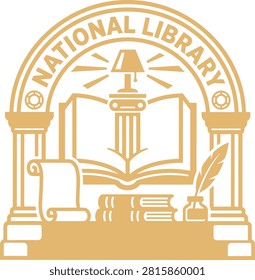 National library badge silhouette featuring an open book, reading lamp, and pillars, isolated on white. Perfect for library signage, literary event branding, book store logo, and archive symbol.