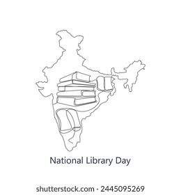 National Library Day India, vector illustration. Hand drawn India map with books.