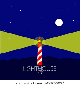 National Lighthouse Day event banner. A lighthouse is turning on its spotlight at night to celebrate on August 7th