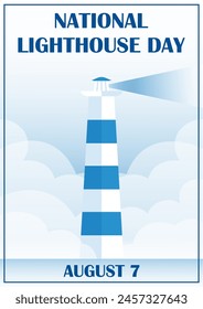 National lighthouse day vector Illustration poster. Landscape of a sea shore with lighthouse among clouds.