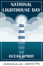 National lighthouse day vector illustration poster. Marine horizon with clouds landscape background.