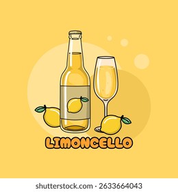 National Limoncello Day to celebrate on June 22nd. A bottle and a glass of lemon-flavored drink, with fresh lemon fruit. Drink event banner.