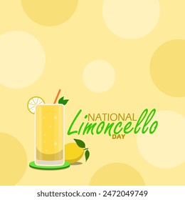 Anuncio de eventos del Día Nacional de Limoncello. Una copa de limoncello con limón sobre fondo amarillo claro para celebrar el 22 de junio