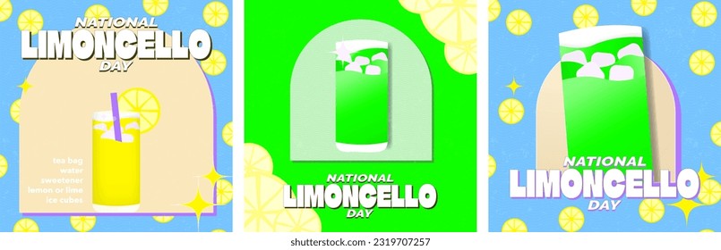 National Limoncello Day Grußkartenset. Zitronenschneidblauer Hintergrund. Vektorgrafik. EPS10.