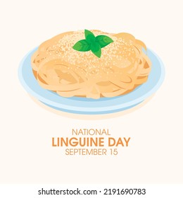 National Linguine Day vector. Plate of linguine pasta with parmesan cheese and basil icon vector. September 15. Important day