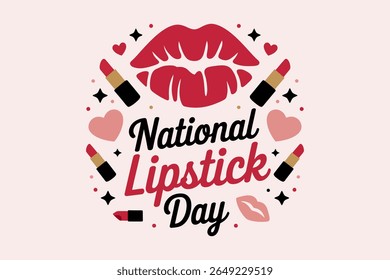 National lipstick day badge with bold lips and hearts for july 29 beauty event or makeup awareness theme