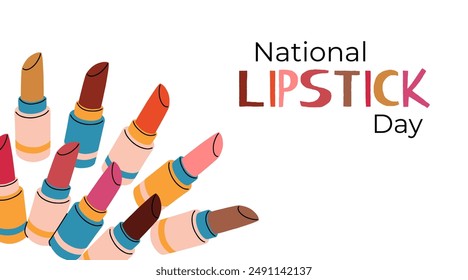 National Lipstick Day banner. Various colorful lipstick bottles and festive lettering. Vector flat background, poster, postcard, flyer.