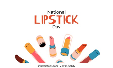 National Lipstick Day banner. Various colorful lipstick bottles and festive lettering. Vector flat background, poster, postcard, flyer.