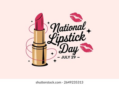 National lipstick day with golden lipstick tube and hearts for beauty gift label or fashion brand design