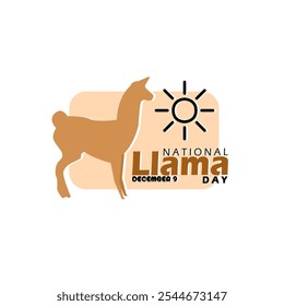 National Llama Day to celebrate on December 9th. Illustration of a Llama with a sun symbol on white background. Animal event banner