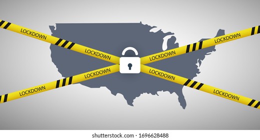 National Lockdown in the US Due to Global Pandemic - Vector Design Concept with Map of USA, Seal Cordon Line and Padlock - Emergency State Restrictions to Fight Against the Spread of the Coronavirus