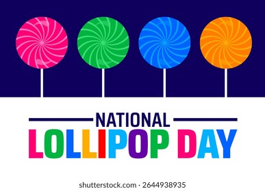 Plano de fundo ou design de banner do Dia Nacional do Pirulito. Roda colorida Pirulito Rosa, Verde, Azul, Laranja no fundo azul escuro, Celebrando Doce Confecções.