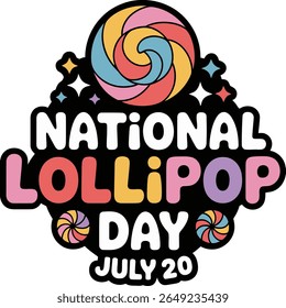 National lollipop day candy badge with colorful swirl and stars for july 20 fun dessert celebration design