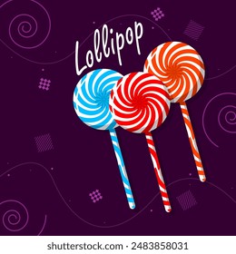 National Lollipop Day event banner. Three lollipops with different flavors and colors on dark purple background to celebrate on July 20th