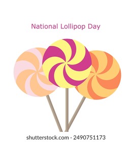 National Lollipop Day event banner. Three lollipops with different flavors and colors. July 20.