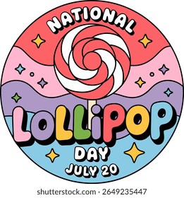 National lollipop day vector style badge with colorful spiral candy illustration for july 20 fun celebration