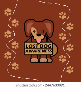 National Lost Dog Awareness Day event banner. A cute brown dog wears a awareness sign to celebrate on April 23rd