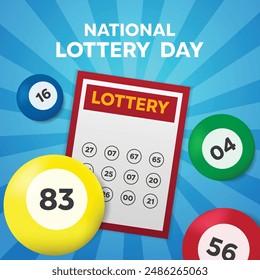 National Lottery Day. Ball and lottery paper. perfect for cards, banners, posters, social media and more. Blue background.