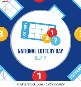 National Lottery Day greeting card with cute cartoon style lottery tickets and lottery numbered balls seamless pattern background. July 17.