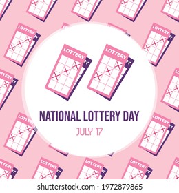 National Lottery Day greeting card with cute cartoon style lottery tickets and seamless pattern background. July 17.
