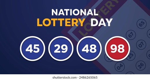 National Lottery Day. Lottery numbers and paper. perfect for cards, banners, posters, social media and more. Blue background.