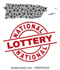 National Lottery textured seal stamp, and Puerto Rico map mosaic of jet vehicle items. Mosaic Puerto Rico map designed of jet vehicles. Red seal with National Lottery caption,