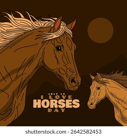 National I Love Horses Day to celebrate on July 15th. Illustration of two horses on dark brown background. Animal lover event banner.