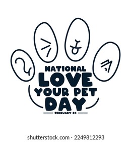 National Love Your Pet Day. February 10. Pet paw icon. Hand drawn line. White background. Poster, banner, card. Eps 10.