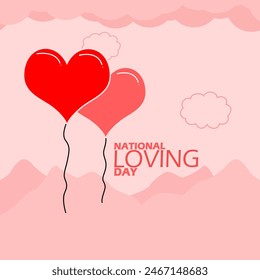 National Loving Day event banner. Two heart-shaped balloons fly into the sky above the mountains to celebrate on June 12th