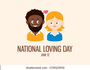 National Loving Day vector. Happy and smiling mixed couple vector. Mixed race couple in love cartoon character. African american man and caucasian woman icon vector. Loving Day Poster, June 12. Import