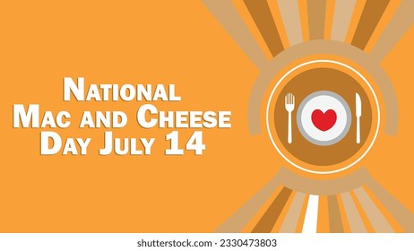 
National Mac and Cheese Day vector banner design with sun burst effect background,yellow and red colors, heart shape, a plate with fork and knife icons, typography. Happy 
 Mac and Cheese Day poster.