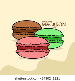 National Macaron Day event banner. Several macaron cookies in different colors, with bold text on light brown background to celebrate on March 20