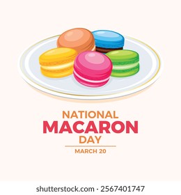 National Macaron Day poster vector illustration. Colorful macarons on a plate icon vector. French macaroons drawing. Template for background, banner, card. March 20 every year. Important day