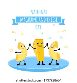 National Macaroni and Cheese Day Vector Illustration. Mac and cheese world day kawaii characters mascots on the plate. Isolated on white background.