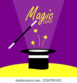 National Magic Day is celebrated on October 31st. Magician hat and stars coming out with magician's wand on dark purple background.