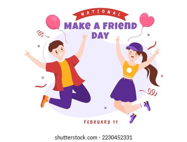 National Make a Friend Day Observed on February 11th to Meet Someone and a New Friendship in Flat Cartoon Hand Drawn Templates Illustration