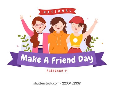 National Make a Friend Day Observed on February 11th to Meet Someone and a New Friendship in Flat Cartoon Hand Drawn Templates Illustration