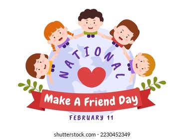 National Make a Friend Day Observed on February 11th to Kids Meet Someone and a New Friendship in Flat Cartoon Hand Drawn Templates Illustration