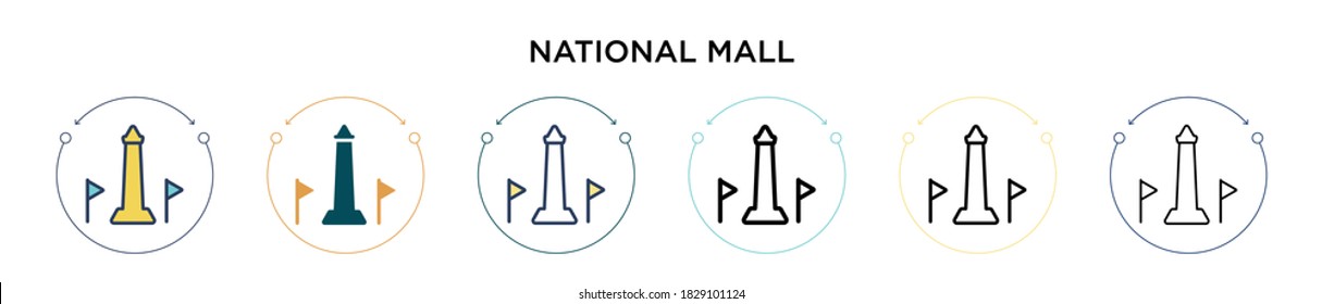Icono de centro comercial nacional en estilo relleno, delgado, contorno y trazo. Ilustración vectorial de dos íconos de vectores mall nacionales de color y negro se puede usar para móviles, ui, web