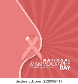 National Mammography Day celebrates on third Friday of October. A pink campaign ribbon with bold text on a dark pink background. Event health banner.