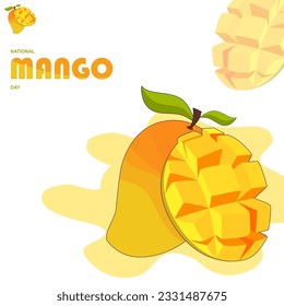 Día Nacional del Mango el 22 de julio con fondo blanco y mango. El mango es principalmente una fruta de verano, y viene en todas las formas y tamaños, y con cada variedad, hay una manera diferente de disfrutar el sabor.