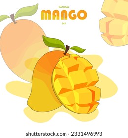 Día Nacional del Mango el 22 de julio con fondo blanco y mango. El mango es principalmente una fruta de verano, y viene en todas las formas y tamaños, y con cada variedad, hay una manera diferente de disfrutar el sabor.