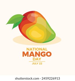 National Mango Day poster vector illustration. Whole colorful mango fruit icon vector. Tropical fruit drawing. Template for background, banner, card. July 22 every year. Important day